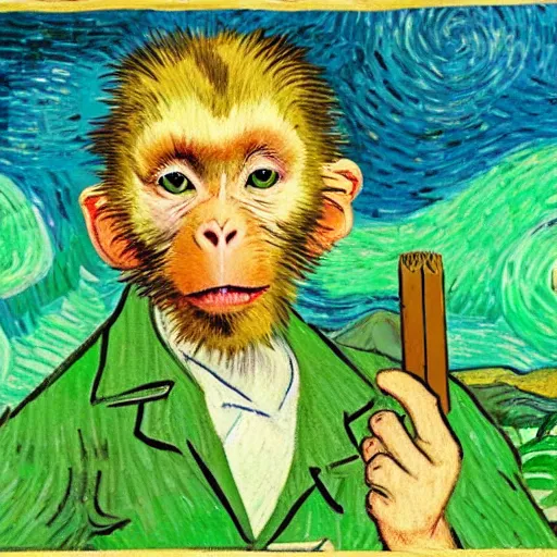 Image similar to rhesus monkey in a lab coat, smoking a cigar, in a green field, van gogh style painting