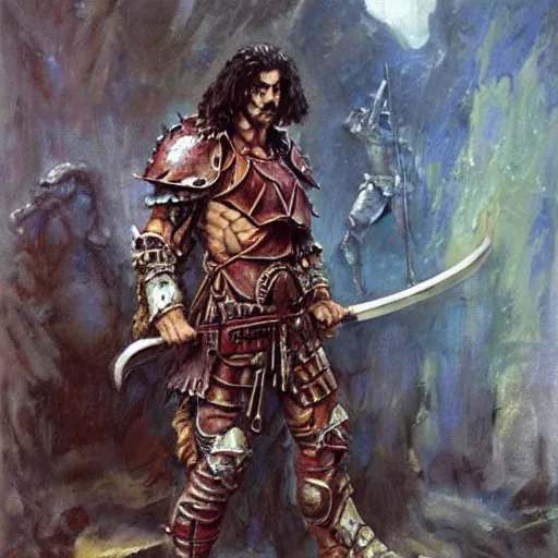 Prompt: portrait of frank zappa wearing armor and holding sword by frank fazetta, fantasy, barbarian