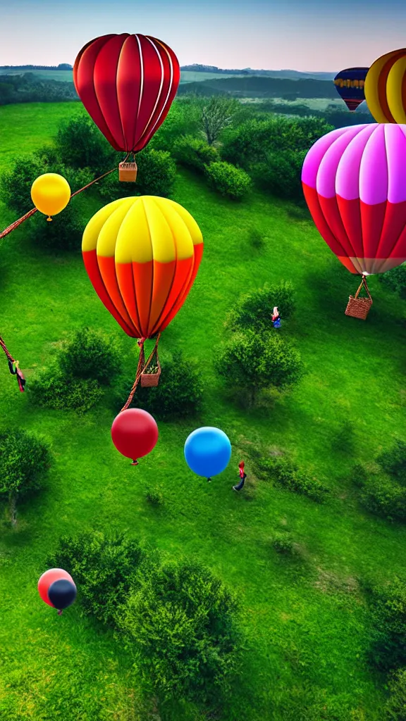 Image similar to large colorful balloons with people on rope swings underneath, flying high over the beautiful countryside landscape, professional photography, 8 0 mm telephoto lens, realistic, detailed, digital art, unreal engine