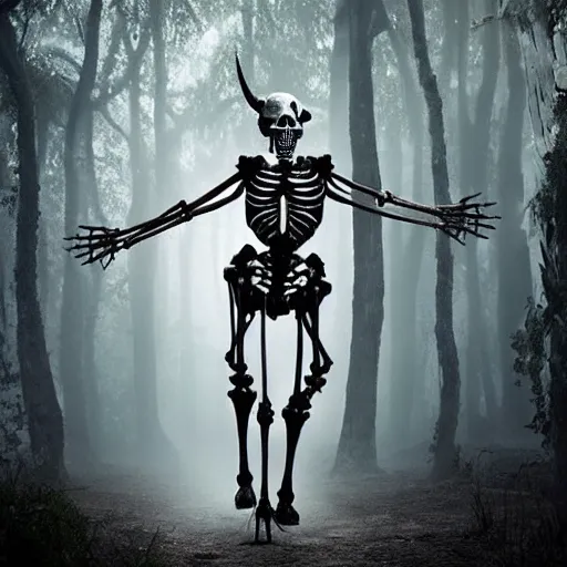 Image similar to a skeletal centaur in a magical forest, nekro style. Very detailed 8k