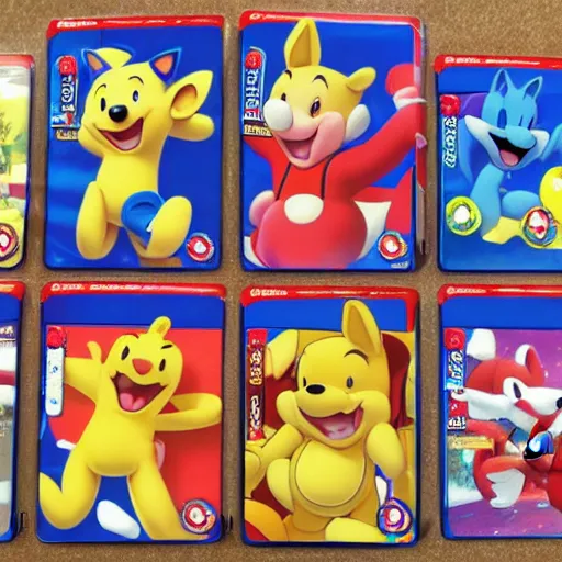 Prompt: photograph of winnie the pooh and super mario and sonic the hedgehog anime style, on pokemon card packs at target