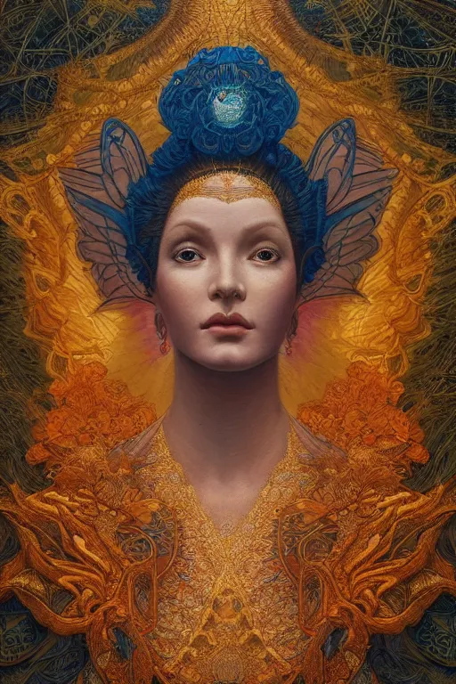 Image similar to portrait of an eleven queen with lace wings by artgerm, mandala, rococo, vivid color, complementary color, golden ratio, detailed, sharp lines, sharp focus, intricate, rainbowshift, by maxfield parrish, by peter mohrbacher, by gustave dore, by alphonse mucha, deviantart, octane render