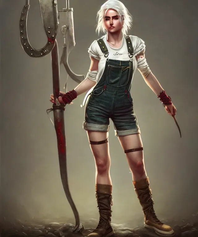 Prompt: full body pose, ciri, torn overalls, short shorts, combat boots, beautiful, highly detailed face, true anatomy!, extremely detailed!, digital painting, unreal engine 5, art by tom bagshaw