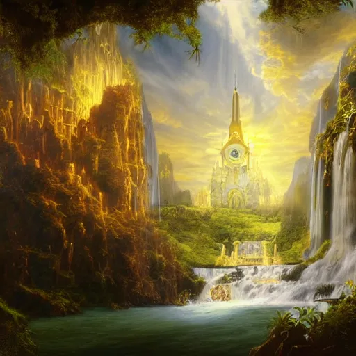 Image similar to realistic detailed view of heaven by terance james bond, russell chatham, greg olsen, thomas cole, james e reynolds, photorealistic, fairytale, art nouveau, white light, gold color, illustration, concept design, storybook layout, story board format