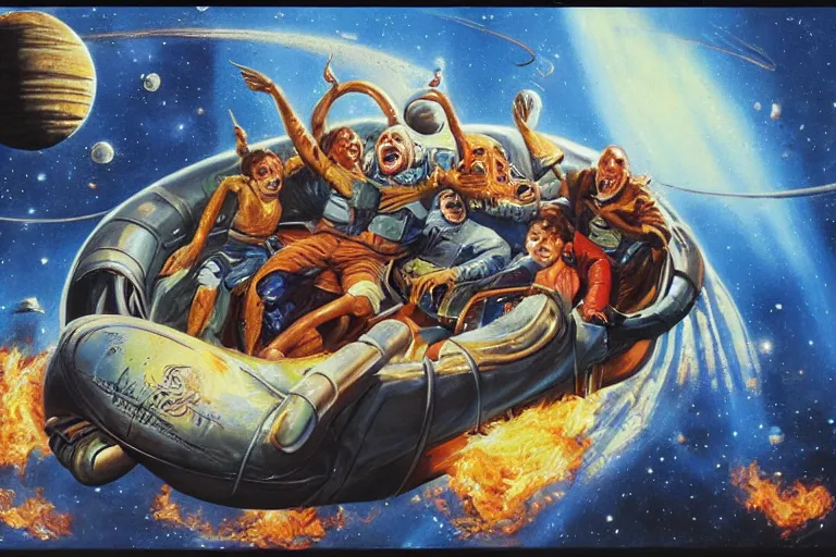 Prompt: a picture of a laughing family in a alien space ship, a detailed action painting by mort kunstler, pixiv, kitsch movement, burning earth! in background, movie poster, official art