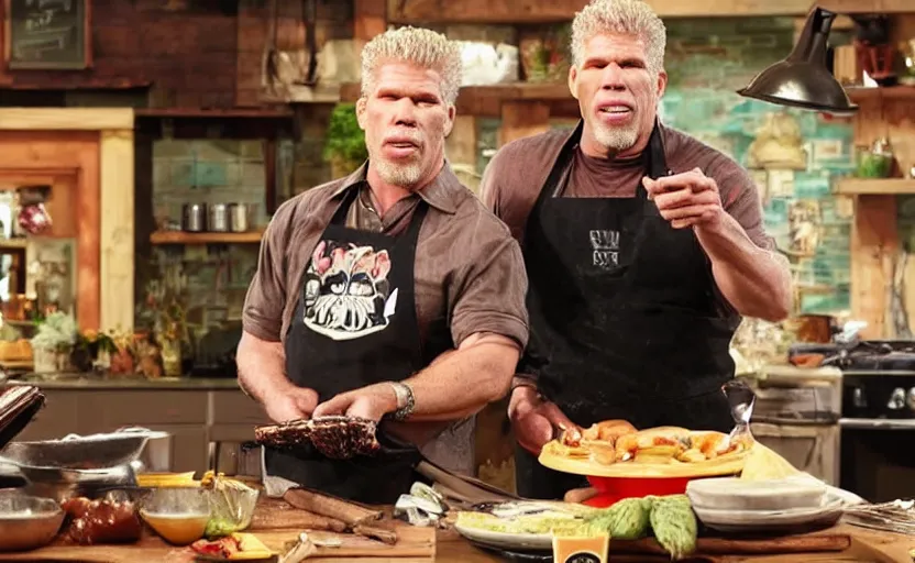 Prompt: Ron Perlman on the food network tv show cooking a maine coon cat