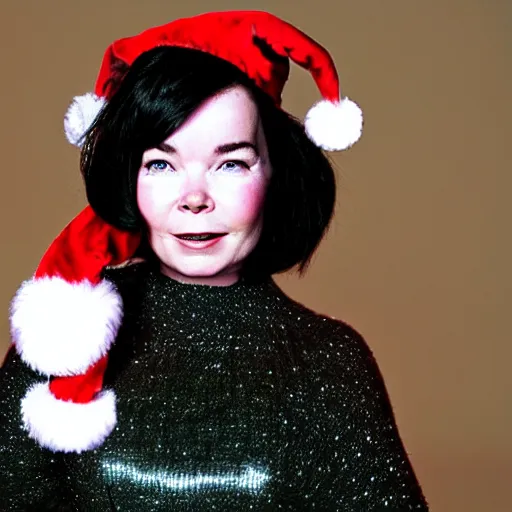 Prompt: Singer Björk wearing a Santa Claus hat