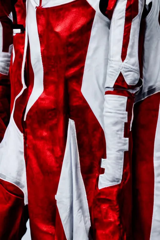 Image similar to photography of red and white space suits designed for knights templar by rick owens, with the knights templar cross logo, golden linings, heroic posing, photo shoot, by annie leibovitz, sigma 85mm 1.4, glows, sharp, high contrast