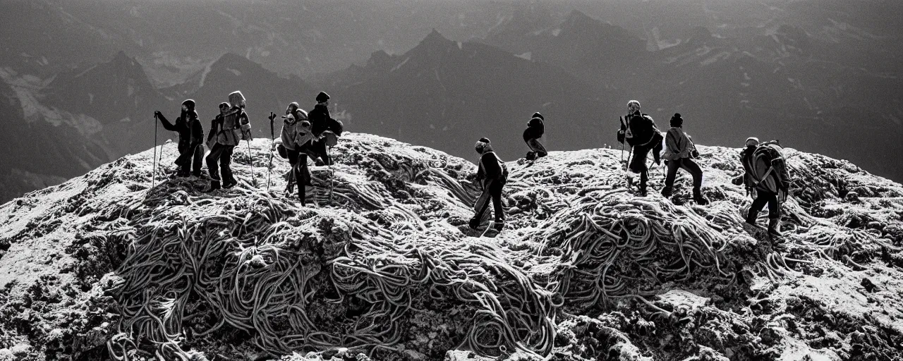 Image similar to hikers climbing over a mound of spaghetti on top of a frozen mountain, canon 5 0 mm, cinematic lighting, photography, retro, film, kodachrome