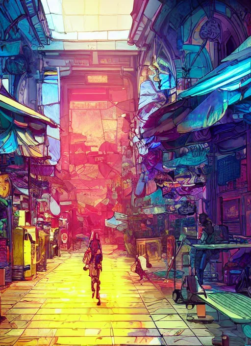 Image similar to bazaar zouk oriantal full color sky shine place mosquet painting digital illustration hdr stylized digital illustration video game icon global illumination ray tracing advanced technology that looks like it is from borderlands and by feng zhu and loish and laurie greasley, victo ngai, andreas rocha, john harris