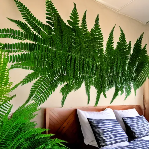 Prompt: a shady motel room covered with ferns