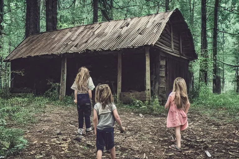 Image similar to a girl and his brother that is lost in the middle of a forest, infront of them is a mysterious dirty dusty cabin wooden house