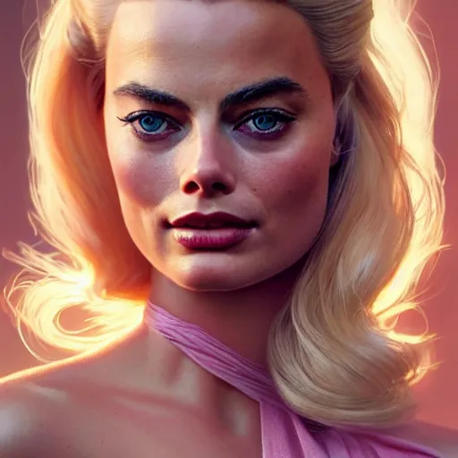 Prompt: a beautiful portrait of margot robbie as cute barbie ; crisp sharp focus ; ultra realistic, concept art, intricate details, stunning model, highly detailed, photorealistic, octane render, 8 k, unreal engine. art by artgerm and greg rutkowski and charlie bowater and magali villeneuve and alphonse mucha