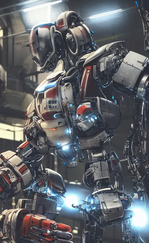 Image similar to a closeup shot of a robot being repaired in warehouse,cyberpunk,2077,big mecha,gundam,8k,high detailed,comic style,manga,epic