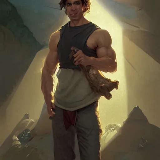 Image similar to painting ricardo milos as prisoner of azkaban. cheerful. happy. art by artgerm and greg rutkowski and alphonse mucha. during golden hour. extremely detailed. beautiful. 4 k. award winning.