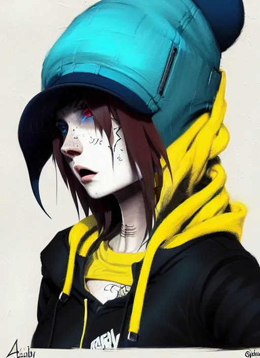 Prompt: highly detailed portrait of a street punk lady student, blue eyes, hoodie, hat, white hair by atey ghailan, by greg rutkowski, by greg tocchini, by james gilleard, by joe fenton, by kaethe butcher, gradient yellow, black, brown and cyan blue color scheme, grunge aesthetic!!! ( ( graffiti tag wall background ) )