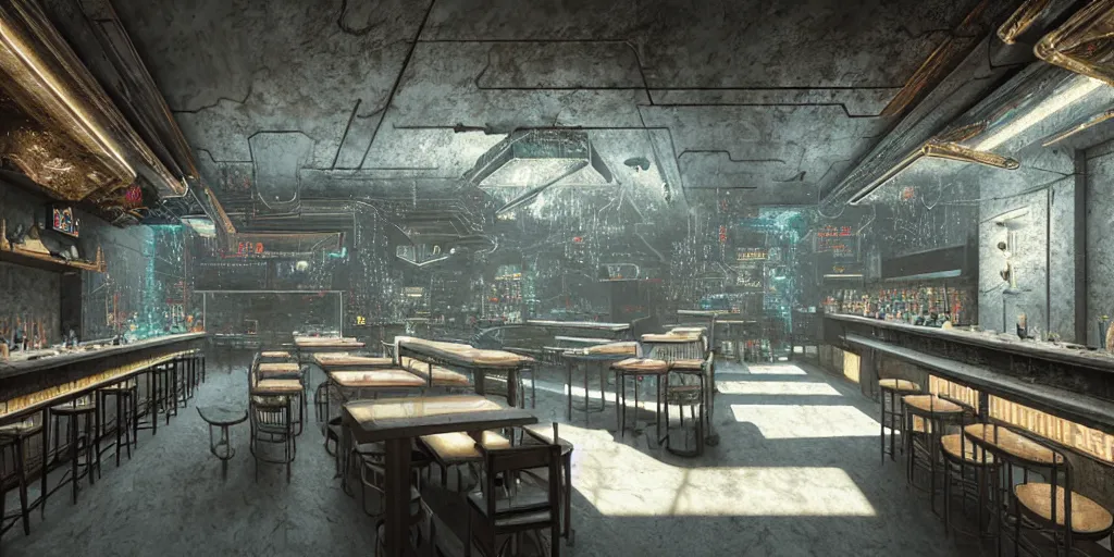 Image similar to Highly detailed realistic photo interior design in style of blend contemporary aesthetics by JAMIE BUSH and Josan Gonzalez of detailed cyberpunk tavern with stone walls, transparent Ceiling and neon lights, a lot of electronics and people, many details by Hiromasa Ogura. a lot of Natural white sunlight from the transperient roof. Rendered in VRAY