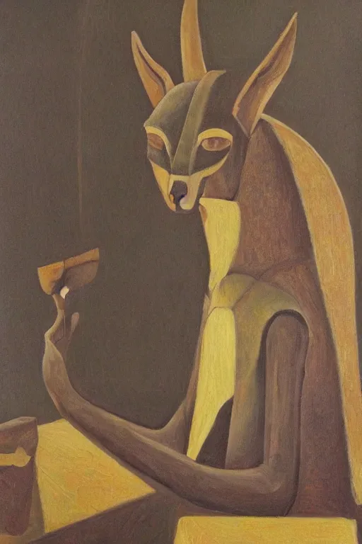 Prompt: portrait of Anubis sitting at a table, oil painting by wilson mclean, sharp focus, masterpiece, highly detailed