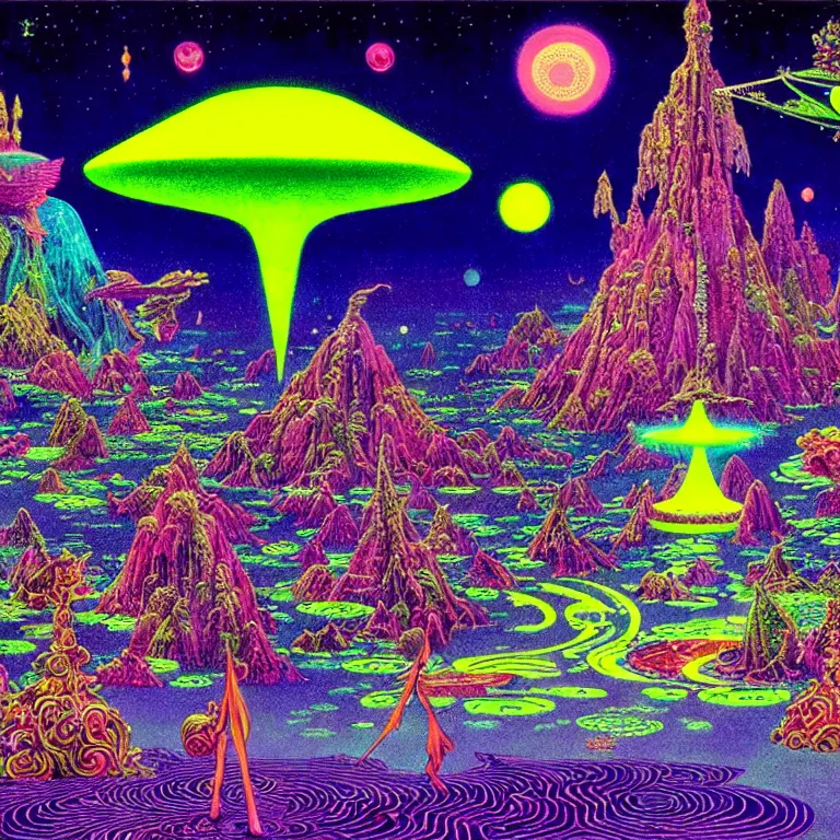 Prompt: mysterious ufo hovering over magical crystal temple, bright neon colors, highly detailed, cinematic, hiroo isono, tim white, philippe druillet, roger dean, lisa frank, aubrey beardsley, ernst haeckel