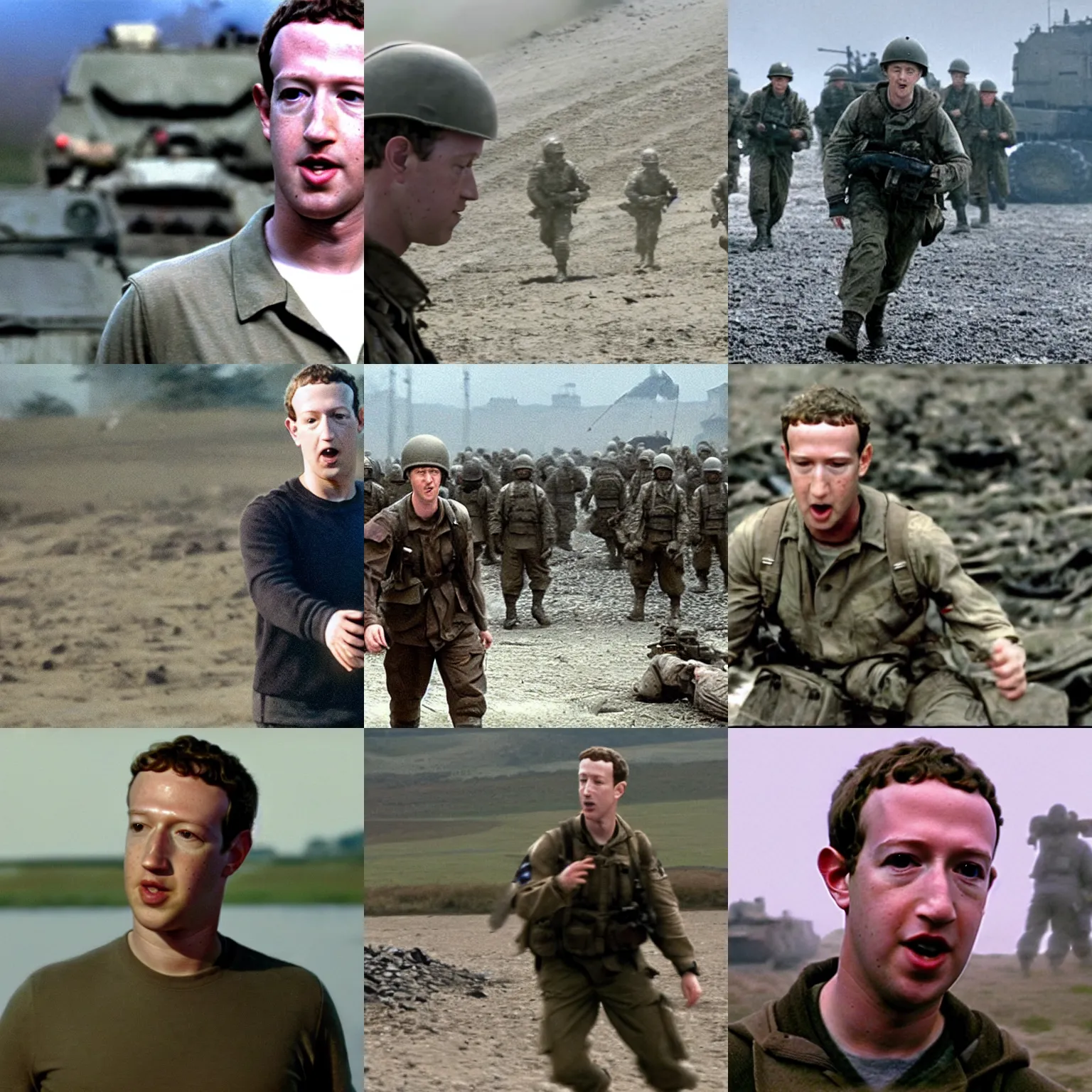 Prompt: Movie still of Mark Zuckerberg in Saving Private Ryan, establishing shot, action photo