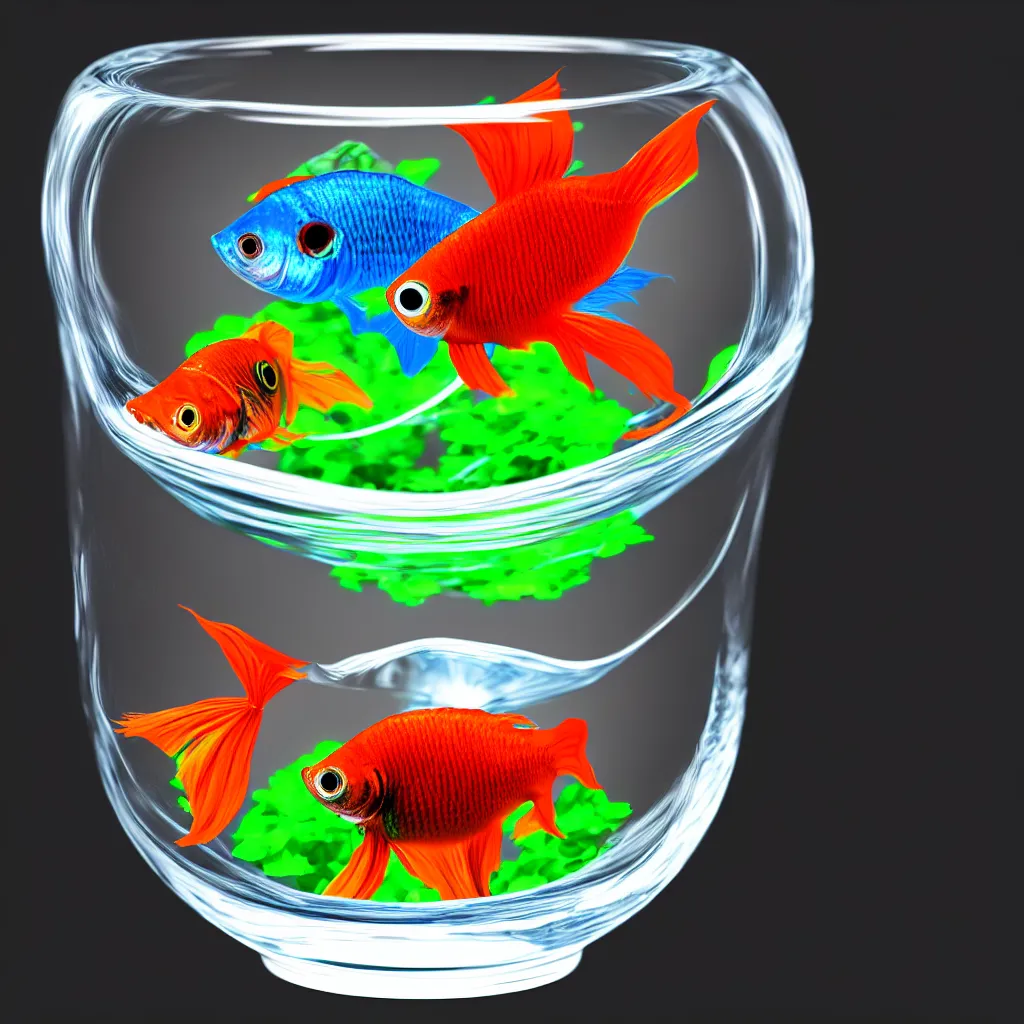 Prompt: highly detailed photo of only one colorful beta fish in super clean glass bowl, minimal, dark background, hyper realistic, concept art, 8 k detail post - processing