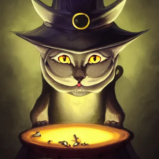 Image similar to Anthropomorphized cat witch brewing potion, evil smile, witch Hut, witch hat, dark fantasy, magic the gathering artwork, D&D, fantasy, cinematic lighting, centered, symmetrical, highly detailed, digital painting, artstation, concept art, smooth, sharp focus, illustration, volumetric lighting, epic Composition, 8k, art by Akihiko Yoshida and Greg Rutkowski and Craig Mullins, heroic pose, oil painting, cgsociety