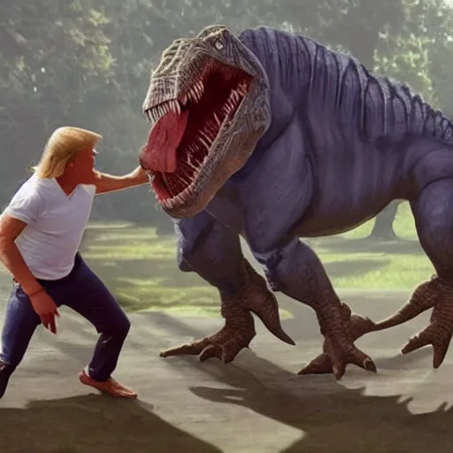 Image similar to Jesus and Donald Trump fighting off a T-Rex, 4k