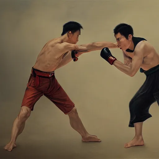 Image similar to asian person fighting a turkish person, cinematic, 4 k, oil painting