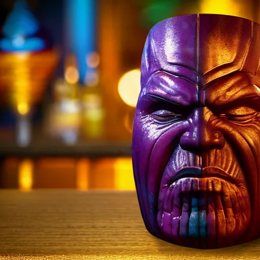 Image similar to a closeup photorealistic photograph of a glossy thanos style tiki mug sitting at a trader vic's bar featuring the face of thanos. tiki party. bright scene. fine detail. this 4 k hd image is trending on artstation, featured on behance, well - rendered, extra crisp, features intricate detail, epic composition and the style of unreal engine.