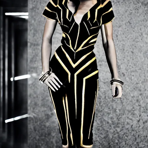 Image similar to close up of a female fashion model in year 3000 in art-deco entrance hall, model wearing a geometric edgy black dress, photography , official versace editorial , highly detailed