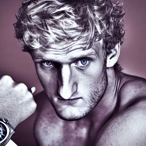 Prompt: a realistic detailed photo of boxer & youtuber logan paul, hypnotized by a watch, blank stare, shiny skin