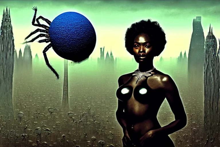 Image similar to realistic detailed photorealistic film portrait shot of a beautiful black woman with a giant spider, sci-fi city landscape background by Denis Villeneuve, Amano, Yves Tanguy, Alphonse Mucha, Ernst Haeckel, Max Ernst, Andrei Tarkovsky, Edward Robert Hughes, Roger Dean, necklace, dynamic pose, rich moody colours, wide angle, blue eyes