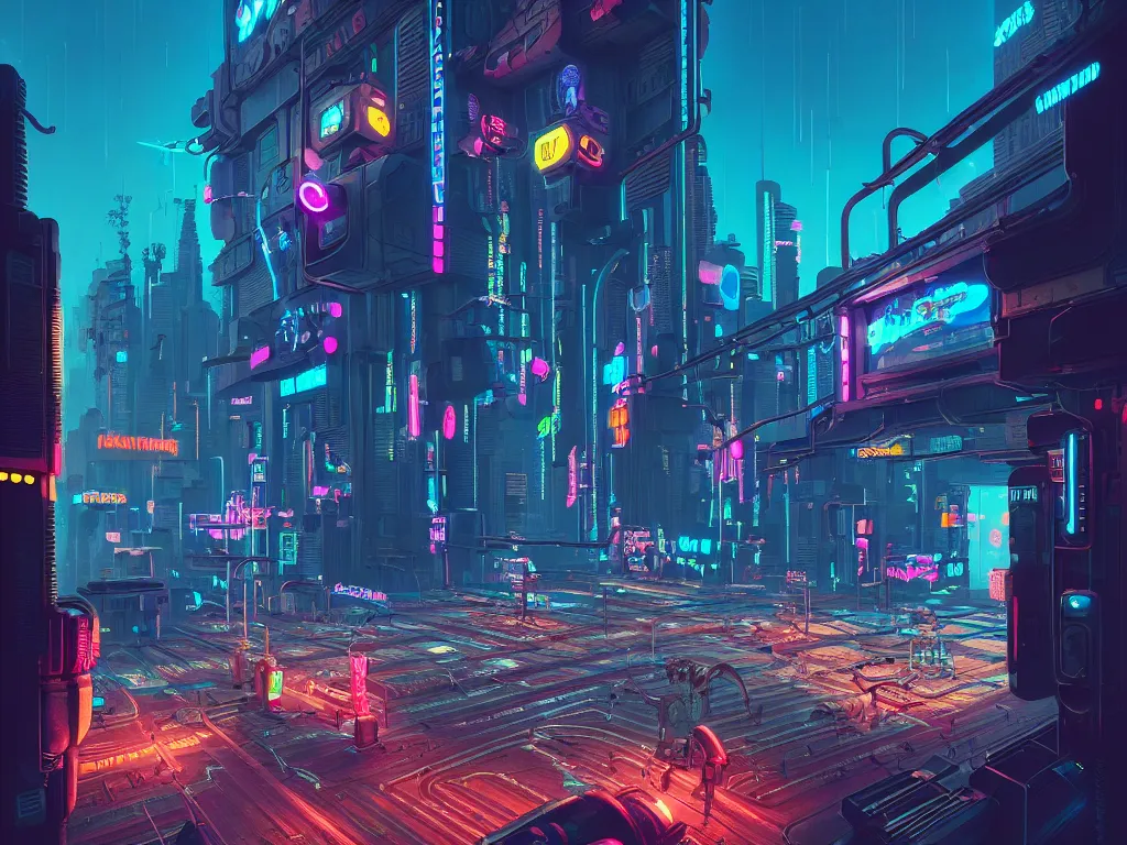 Image similar to cyberpunk city retro arcade, robotic limbs:: Simon Stålenhag and beeple and James Gilleard and Justin Gerard :: ornate, dynamic, particulate, intricate, elegant, highly detailed, centered, artstation, smooth, sharp focus, octane render, 3d