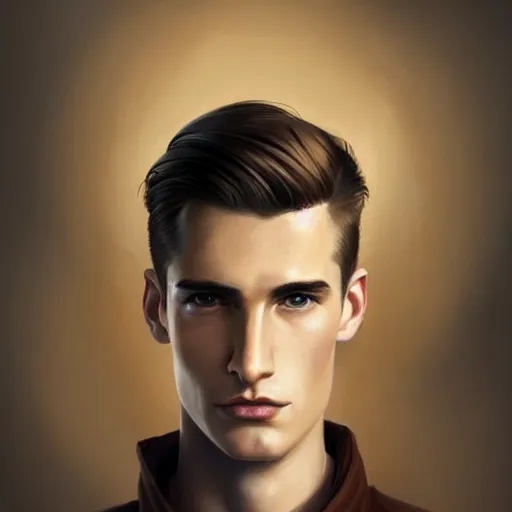 Image similar to tall man in his twenties with brown blond short quiff hair and thin slightly round facial structure with cleft chin, straight eyebrows and prominent nose, good definition of cheekbones, big hazel nut brown eyes, narrow face, slim body, atmospheric lighting, painted, intricate, 4 k, highly detailed by charlie bowater