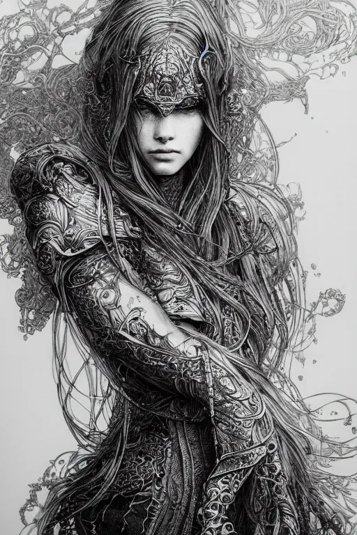 Prompt: Portrait of Ranni from Elden Ring, pen and ink, intricate line drawings, by Yoshitaka Amano, Ruan Jia, Kentaro Miura, Artgerm
