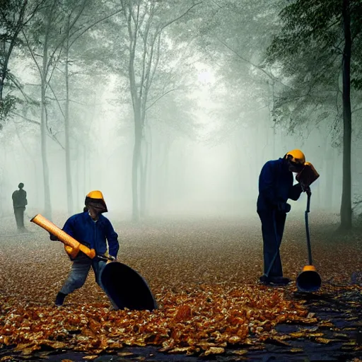 Prompt: men with leaf blowers fighting the falling leaves in a forest, detailed face, by Steve McCurry and David Lazar, CANON Eos C300, ƒ5.6, 35mm, 8K, medium-format print