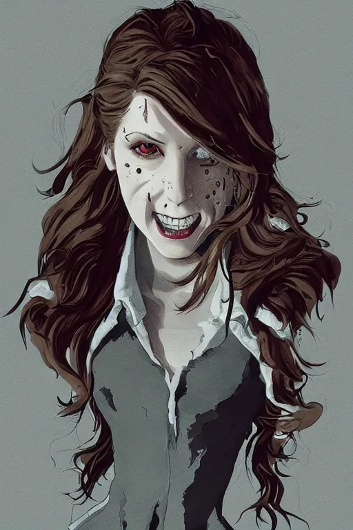 Prompt: anna kendrick in sleepy hollow, full body, big two toned eyes, teeth gritted, horror, intricate details, cinematic, epic, realistic, anatomy, tomer hanuka, uplight, artstation, photorealistic, scary