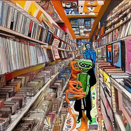 Image similar to weird creatures from outer space shopping in a record store, surreal, concept art