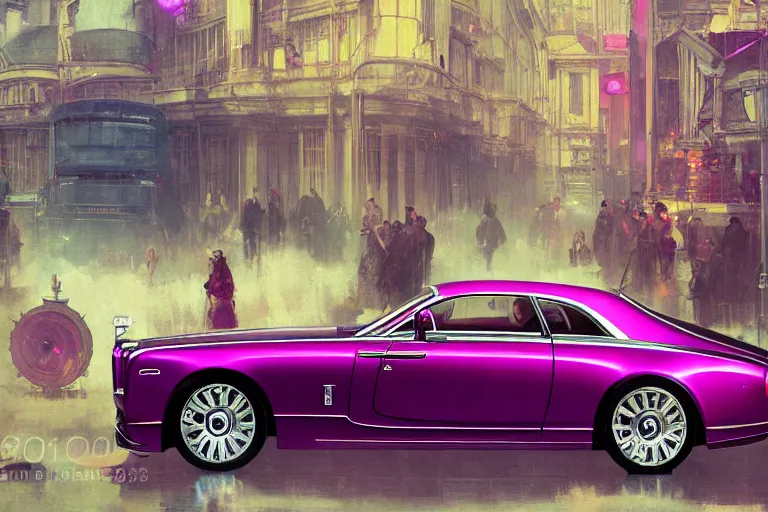 Image similar to photograph of a shiny hot pink rolls royce, with a sleek spoiler, driving down the streets of london cyberpunk city, by greg rutkowski, by stanley artgerm, by alphonse mucha