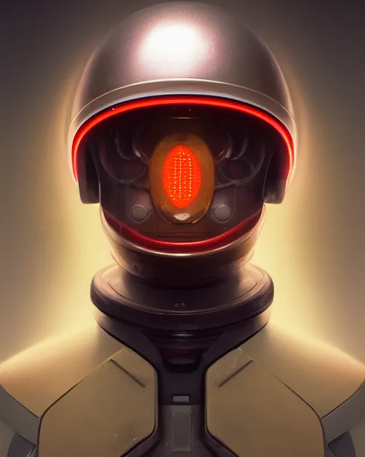 Image similar to portrait of sentient machine with oval helmet with a red chip on left side, by greg rutkowski, wlop, beeple, dan mumford, octane render, trending on artstation, symmetrical artwork. cinematic, key art, hyperrealism, high detail, 8 k