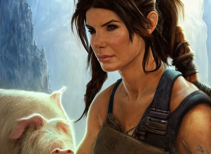 Image similar to face portrait of concentrated young Sandra Bullock as Lara Croft with pig-tails entering an incredible epic ruin, glorious sun beams, intricate, elegant, highly detailed, digital painting, short focus, illustration, Allan Lee, John Howe