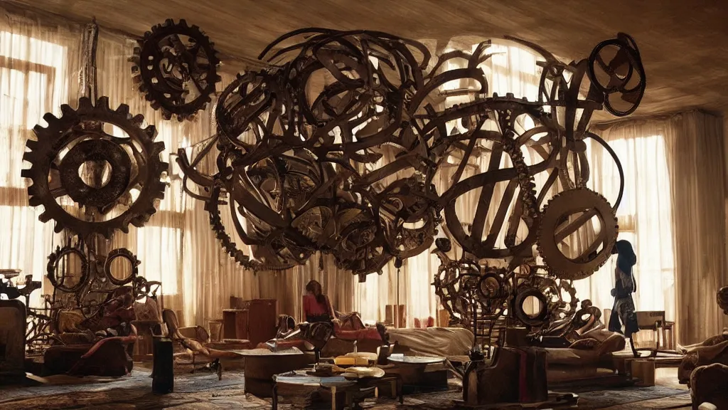 Prompt: a giant hand made of metal and cogs floats through the living room, film still from the movie directed by Denis Villeneuve with art direction by Salvador Dalí, wide lens