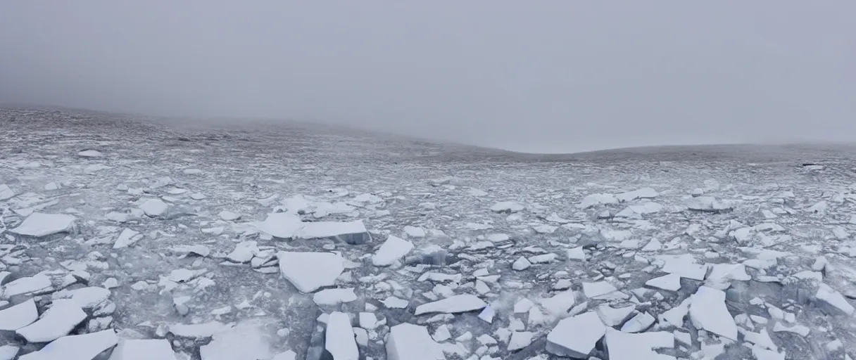 Image similar to a high quality color creepy atmospheric extreme wide angle shot hd 4 k film 3 5 mm photograph of a total white out blizzard in a desolate antarctica landscape