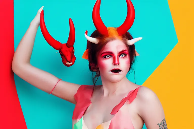 Image similar to pretty demon girl with horns photograph in the style of clemens ascher, colorful, realistic, 8 k