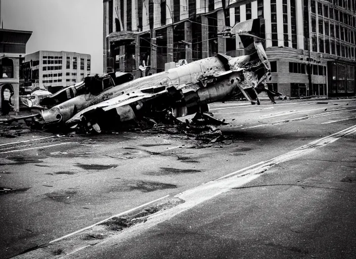 Image similar to black and white photograph of a crashed military jet in downtown kansas city missouri, rainy and foggy