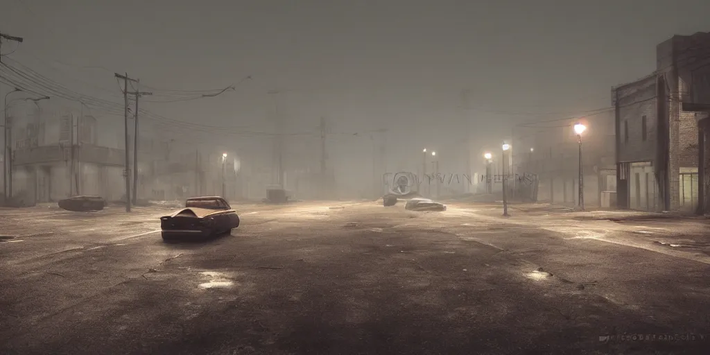 Prompt: silent hill in real life, desolate town, empty streets, nightmarish, some rusted retro futuristic parked cars, overcast, blankets of fog pockets, rain, volumetric lighting, beautiful, night time, autumn, sharp focus, ultra detailed, cgsociety