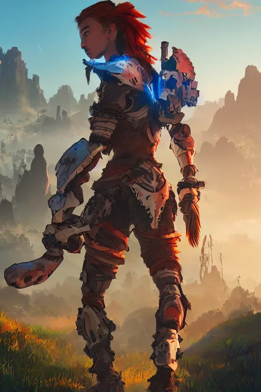 Image similar to combination suit armor aloy horizon forbidden west horizon zero dawn radiating a glowing aura global illumination ray tracing hdr fanart arstation by ian pesty and alena aenami artworks in 4 k tribal robot ninja mask helmet backpack