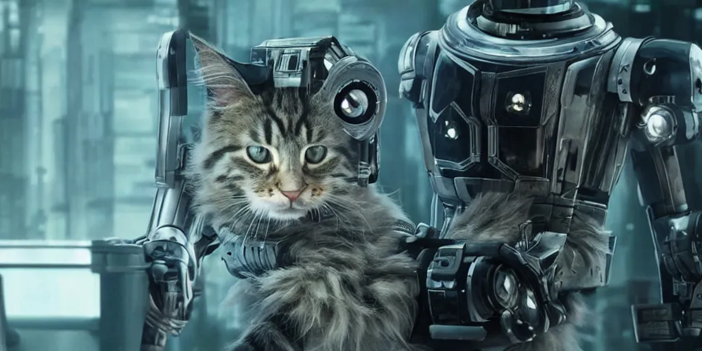 Image similar to a 3 d rendered movie still a of mainecoon robot kitten has become a cat scanning device. cyberpunk cat tree. science fiction blockbuster movie from the future, imax 7 0 mm. style of mandalorian ( american space western television series )
