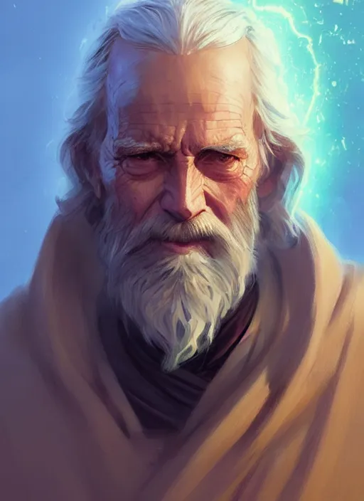 Prompt: old man with light beard, long hair, jedi, modern, colourful!! highly detailed, digital painting, artstation, concept art, sharp focus, illustration, by greg rutkowski