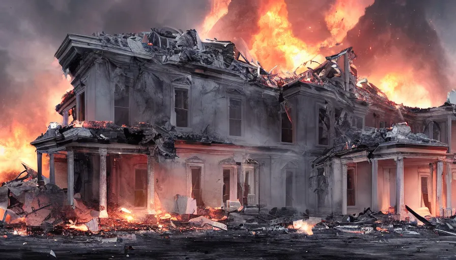 Image similar to white house destroyed by explosion, fire, ashes, smoke columns, debris, collapsing, emergency, hyperdetailed, artstation, cgsociety, 8 k